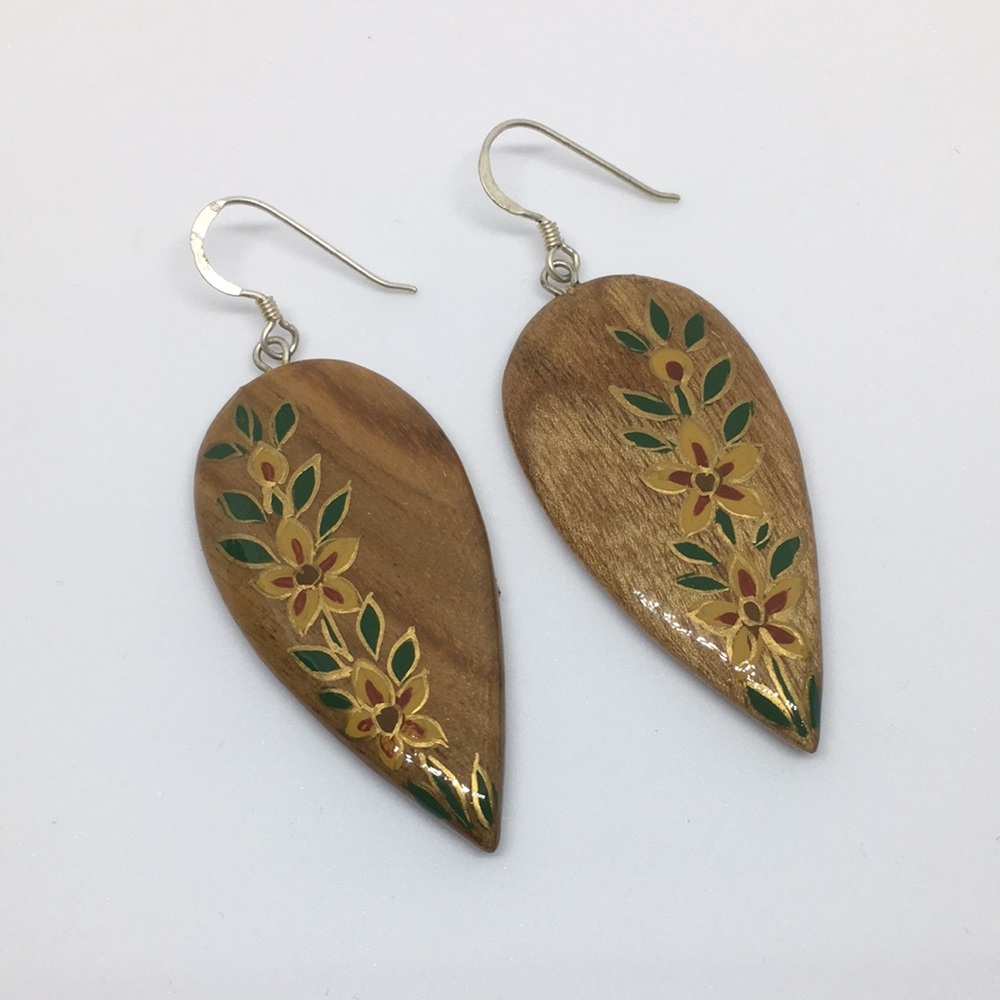 Hand Painted Walnut Wood Sterling Silver Teardrop Earrings Yellow & Green Floral